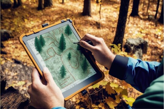 a surveyor working with forest topography maps on a digital tablet. generative ai closeup on hands holding tablet land surveying