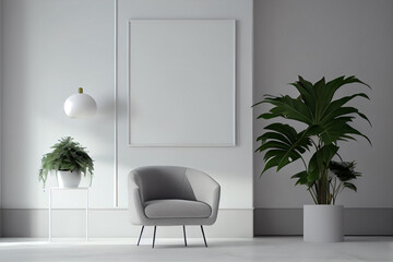 Interior frame living room with gray armchair, hanging lamp, and plants on empty texture wall background. A blank wall with a vertical poster. Generative AI.