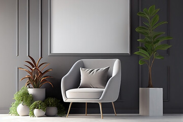Poster mockup with horizontal frames on an empty wall in living room interior with gray armchair and plants. A blank wall with a horizontal poster. Generative AI.
