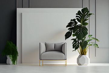 Interior room with gray armchair and plants on empty wall background. Generative AI.