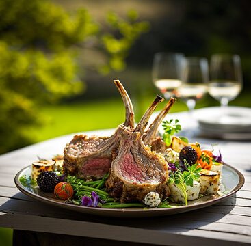 Fine Dining in the Spring Garden: A Stock Image of a Tasty Rack of Lamb on a Pan. AI Generated Art.
