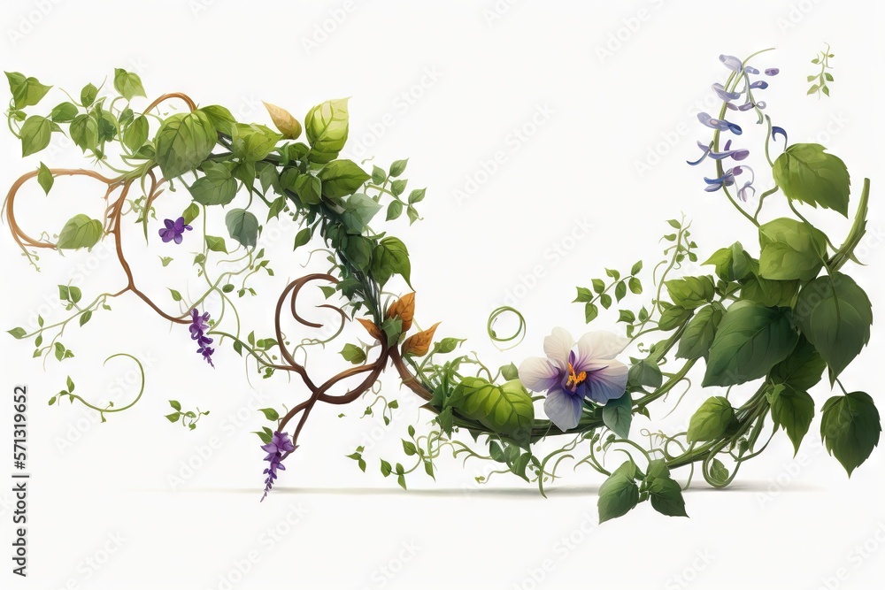 Poster a vine with flowers and leaves on a white background with a light reflection in the middle of the fr