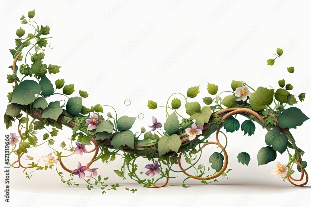 Poster a vine with leaves and flowers on a white background with space for text or image to put on a card o