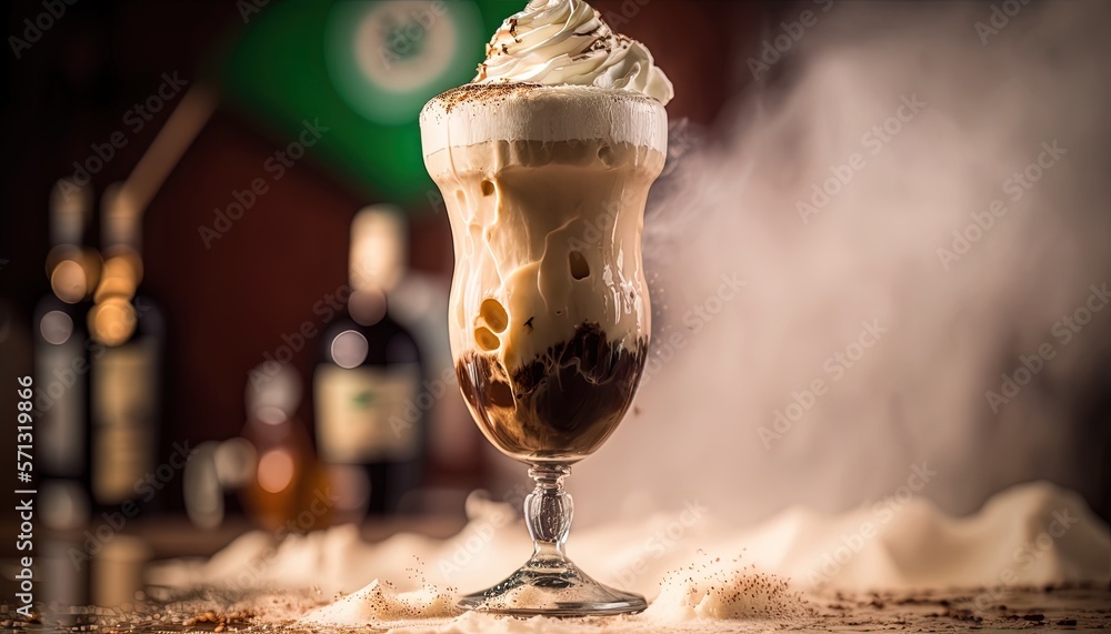 Poster a glass filled with a liquid and topped with a whipped cream topping and a bottle of booze in the ba