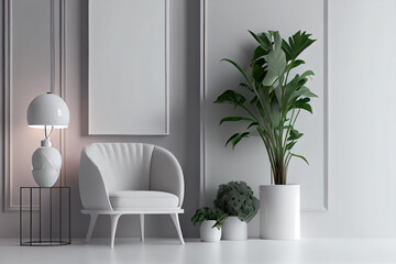 Poster mockup with vertical frames on an empty wall in living room interior with gray armchair and plants. A blank wall with a vertical poster. Generative AI.