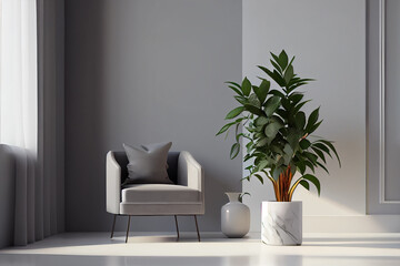 Interior frame living room with gray armchair and plants on empty texture wall background. Generative AI.