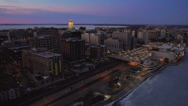 Downtown Madison Winter Flyby at Dusk.