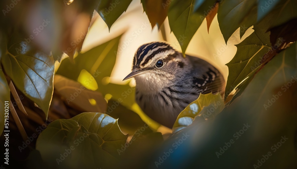Poster a small bird sitting on top of a leafy tree next to a leafy branch with leaves on it's sides and a b