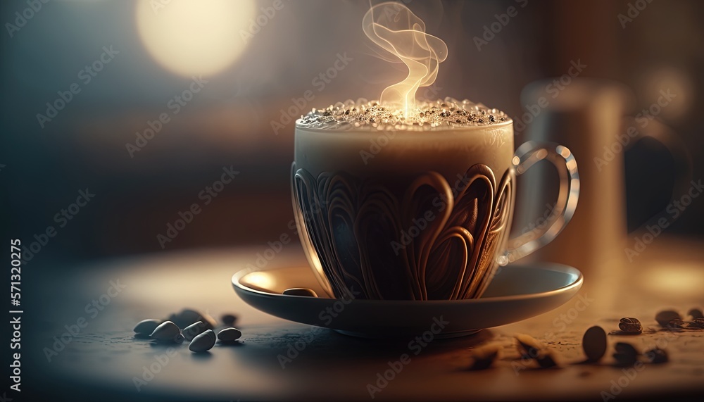 Poster a cup of coffee with steam rising out of it and beans scattered around it on a table with a blurry l