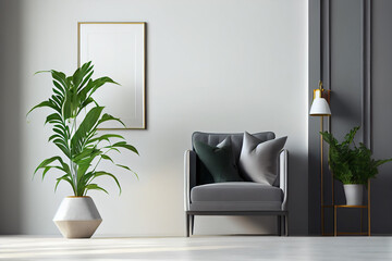 Interior frame living room with gray velvet armchair, hanging lamp, and plants on empty texture wall background. A blank wall with a vertical poster. Generative AI.