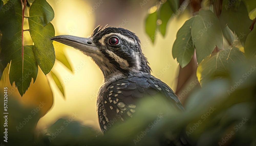 Poster  a close up of a bird in a tree with a sun light in the back ground behind it and a tree branch with leaves in the foreground.  generative ai