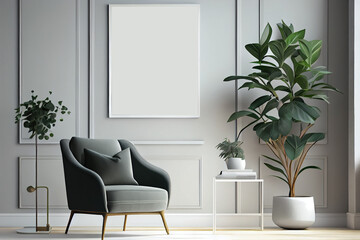 Poster mockup with vertical frames on an empty wall in living room interior with gray armchair and plants. Generative AI.