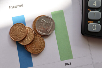 Concept of income with South African Currency and bar graphs in the background