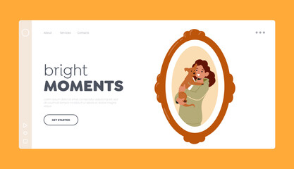 Bright Moments Landing Page Template. Photo in Oval Frame with Smiling Girl Hold Pet. Animal Lover Female Character