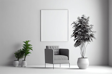 Poster mockup with vertical frames on an empty wall in living room interior with gray armchair and plants. A blank wall with a vertical poster. Generative AI.