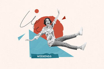 Creative photo collage illustration of ecstatic funny cheerful optimistic girl enjoys weekends...