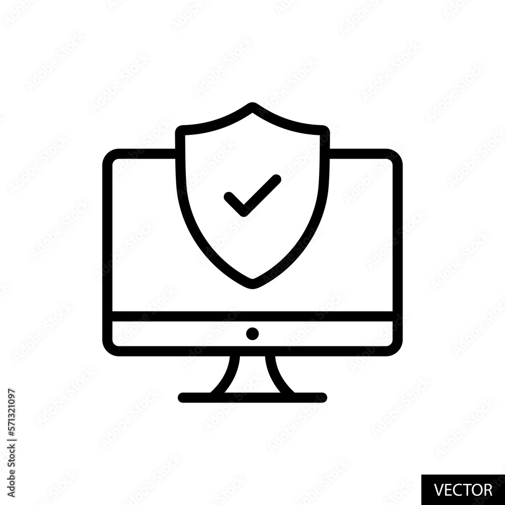 Poster computer with shield checkmark, data and network security concept vector icon in line style design f