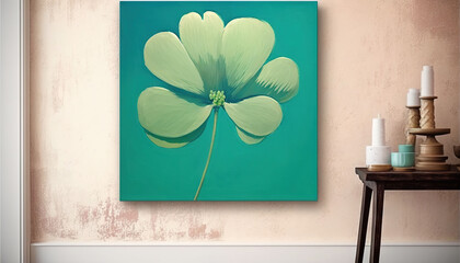 a painting of a green flower on a teal background with candles on a table in front of a wall with a painting of a green flower on it.  generative ai