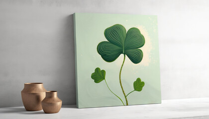  a painting of a four leaf clover on a wall next to a vase and a vase on a shelf in a room with a light green background.  generative ai