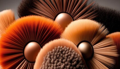  a close up of a bunch of different colored hair brushes on a black background with a brown center surrounded by smaller orange and brown hairbrushes.  generative ai