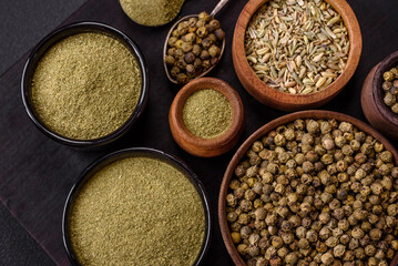 Spice dried dill or basil in the form of green powder