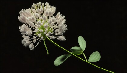  a white flower with green leaves on a black background with a black back ground and a black back ground with a black back ground and a white flower.  generative ai