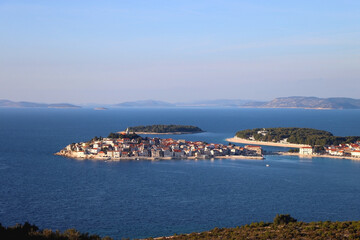 Aerial view of Primosten, small and beautiful town in Croatia.