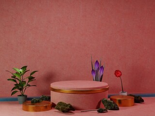 3d podium for product ad display. creative  template with rock, floor, plant for poster, banner, social ads etc