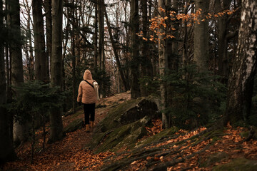 a woman tourist walks in the mountains in autumn and photographs landscapes