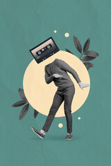 Creative collage photo picture poster postcard artwork of crazy joyful man dancing nightclub weekend time isolated on drawing background