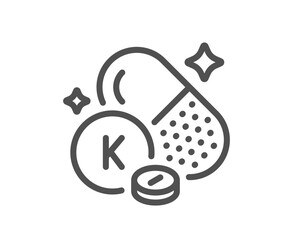 Vitamin K line icon. Food nutrient sign. Capsule or pill supplement symbol. Quality design element. Linear style vitamin K icon. Editable stroke. Vector