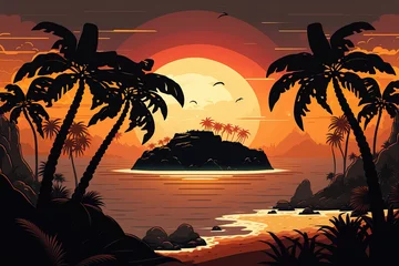 Vlies Fototapete Backstein Illustration of a tropical island with palm trees, beaches, and ocean sunset