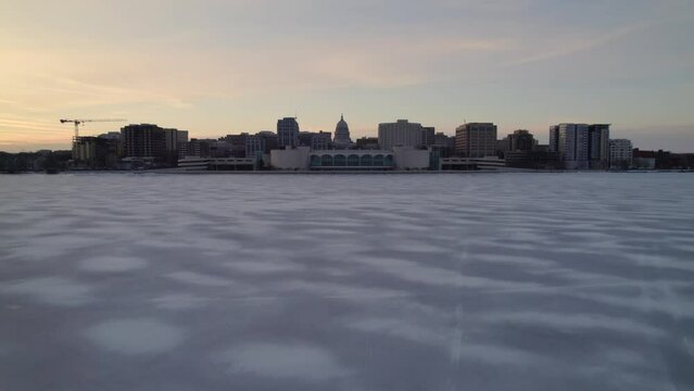 Downtown Madison Winter Flyby at Dusk.