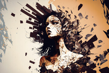 Abstract illustration of a woman falling apart. generative AI