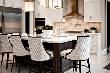 Beautiful kitchen in luxury modern contemporary home interior with island and chairs generative ai