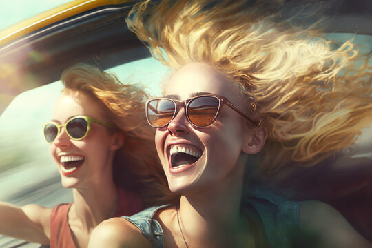 Ladies on a road trip happily enjoying the ride. Fictitious people. AI generated image