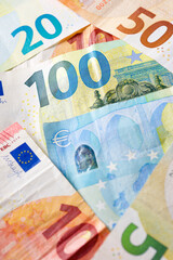 Close-up of a pile of banknotes of the European Union.