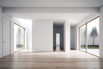 Fototapeta premium Empty room interior design, open space with white walls and parquet wooden floor, modern contemporary architecture, panoramic generative ai