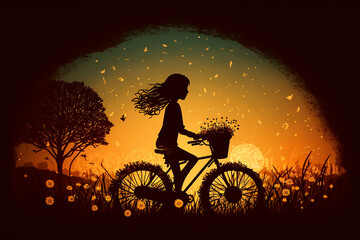 Figure of a girl biking over a field of flowers as the sun sets, Generative AI