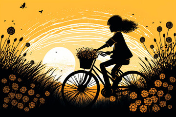 silhouette of a girl riding a bike at sunset with spring theme, Generative AI
