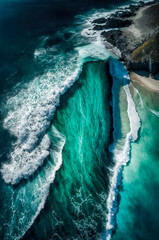 Aerial drone view of a beautiful beach with waves crashing on it. Generative AI