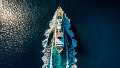Top view of a cruise ship in the middle of the sea, generative AI - obrazy, fototapety, plakaty