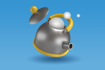 Insulated metal kettle from which hot steam comes out. The concept of the icon symbol of kitchen utensils, dishes or a tea break. Illustration for 3D rendering.