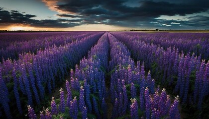 Fototapeta premium a large field of purple flowers under a cloudy sky at sunset with a sunset in the distance and a line of trees in the foreground. generative ai