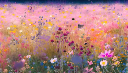  a painting of a field of flowers with a blue sky in the background and a pink sky in the middle of the field, with a blue sky in the background.  generative ai