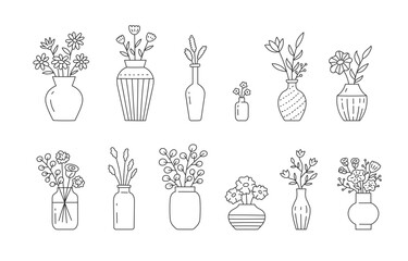 Flower in vase doodle illustration including different floral bouquets. Hand drawn cute line art about plants in interior. Thin linear drawing for coloring. Editable Stroke - obrazy, fototapety, plakaty