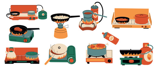 Food on stove. Cookery utensil for cooking stands on gas fire heater, kitchenware appliance on portable burner cartoon style. Vector isolated set © Tartila