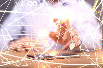 abstract lines with dots over dark background.