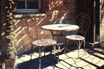 Table and chairs on a rustic patio on a sunny afternoon generative ai