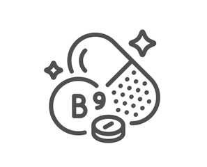 Vitamin B9 line icon. Folate food nutrient sign. Capsule or pill supplement symbol. Quality design element. Linear style folate vitamin icon. Editable stroke. Vector